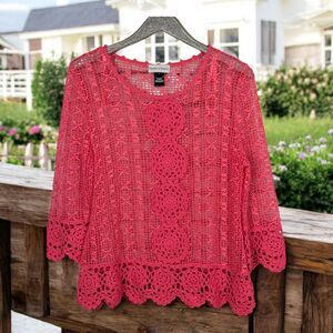 Cottage Core Coastal Grandma Ribbon Crochet Rosettes Knit Top Punch Pink Large
